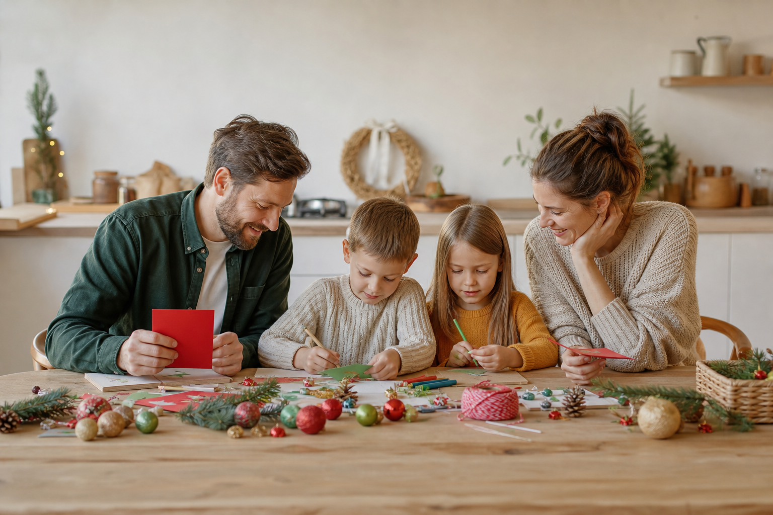 Holiday ideas with children making simple seasonal crafts at the kitchen table