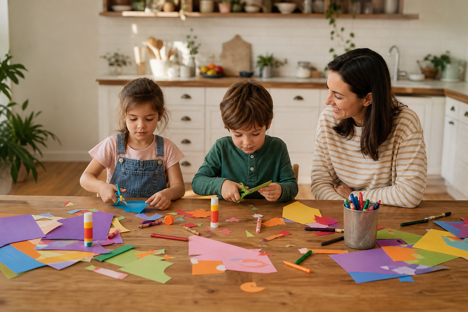 Children making kids crafts at a kitchen table