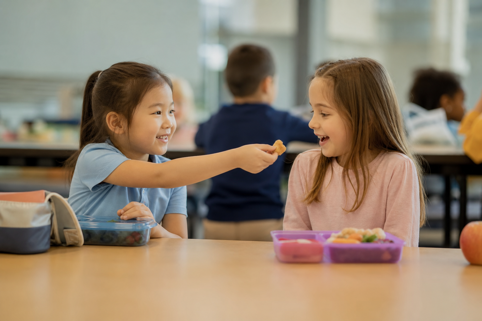 Young child sharing lunch with a classmate at school \u2014 teaching kids kindness