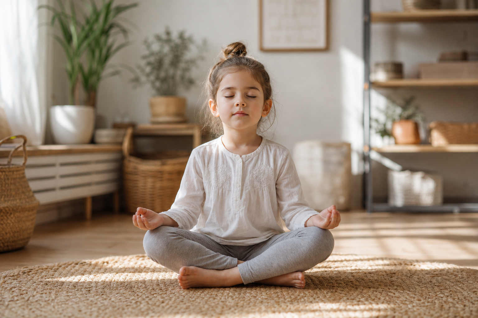 Young child practicing calm breathing at home \u2014 mindfulness for kids