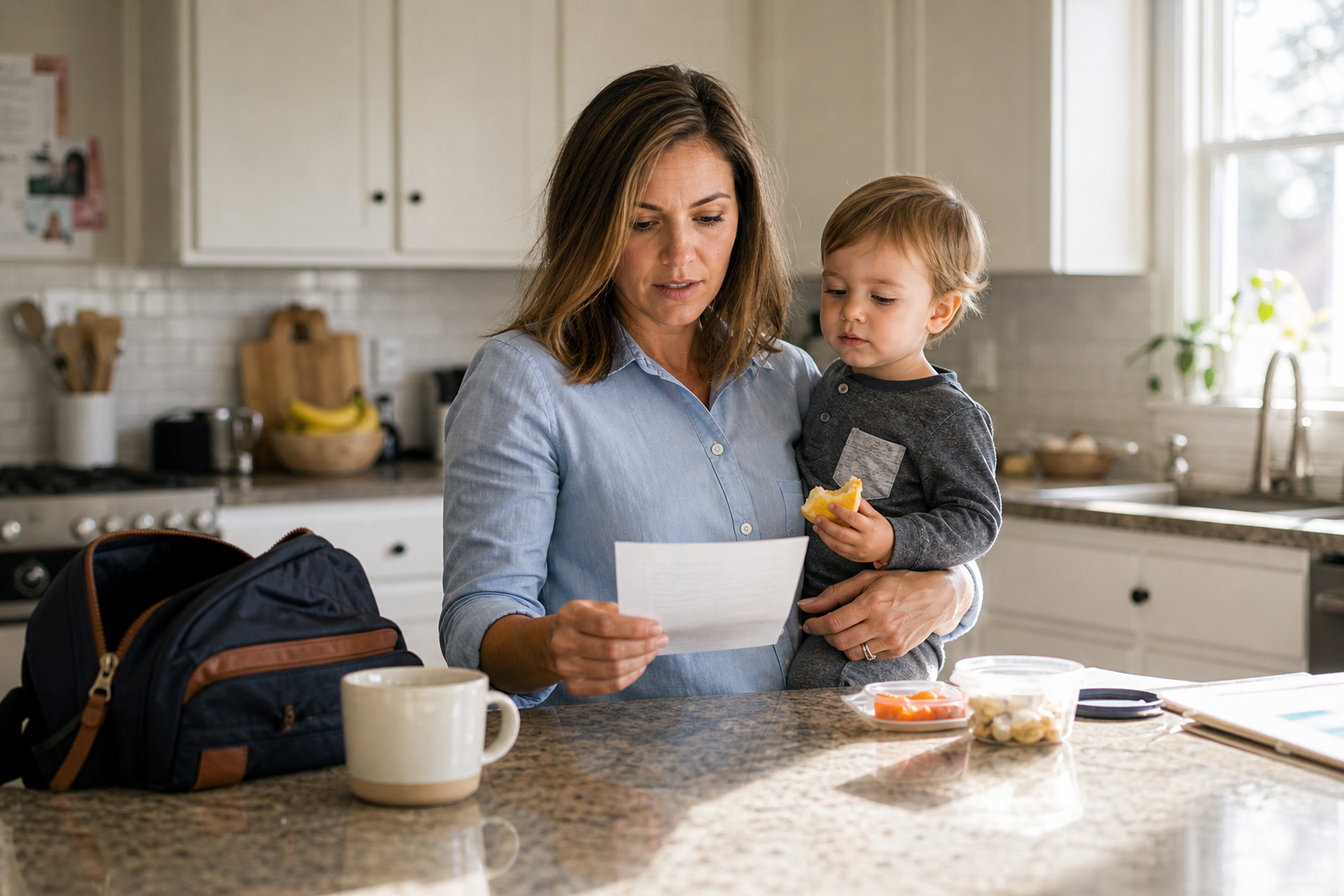 Moms support for a busy morning with school papers and family routines