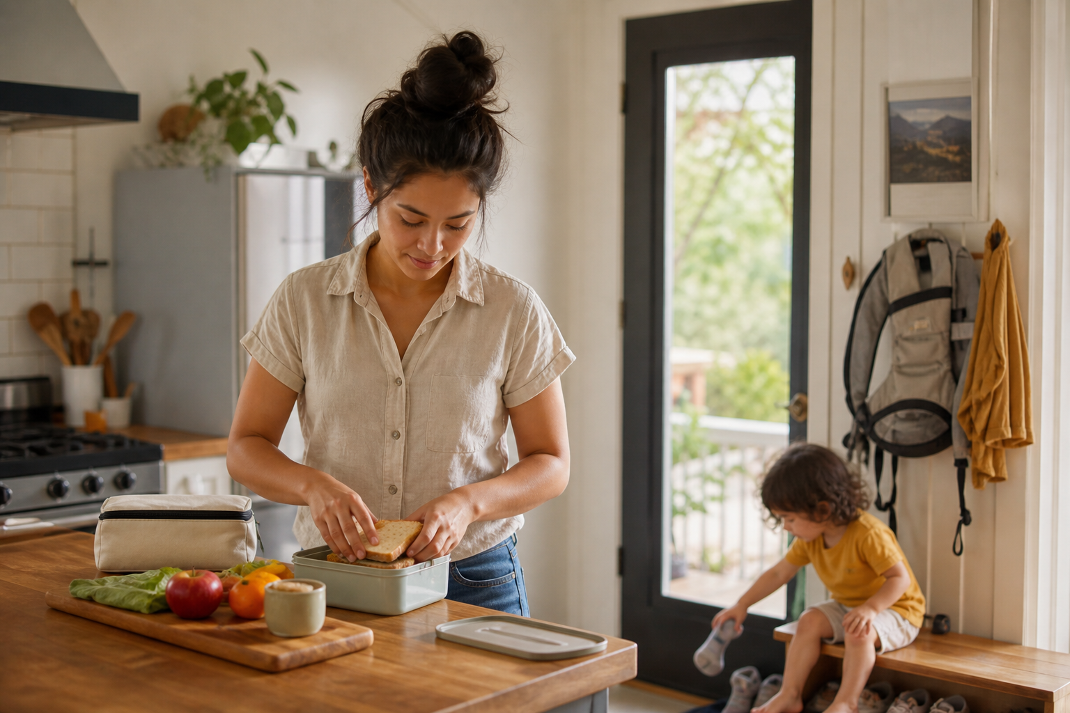 Natural parenting routine with a parent preparing a simple family morning