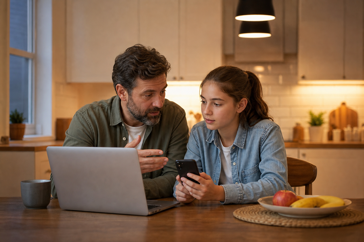 Parent and child talking about online safety at the kitchen table