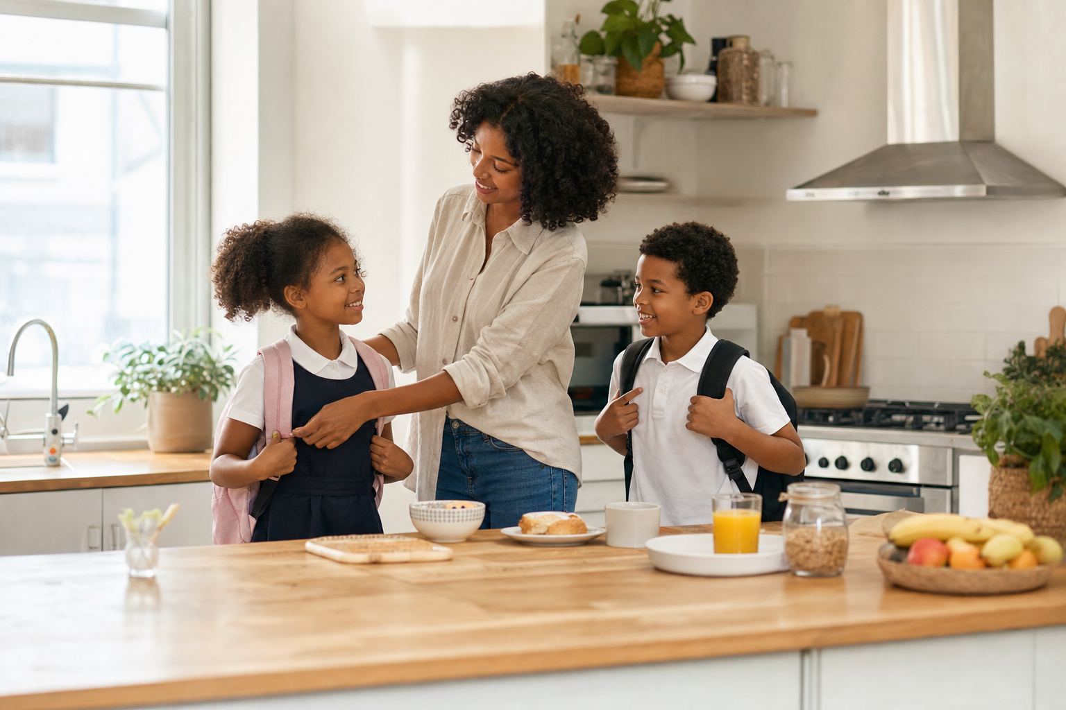 Parenting moment in a busy family kitchen
