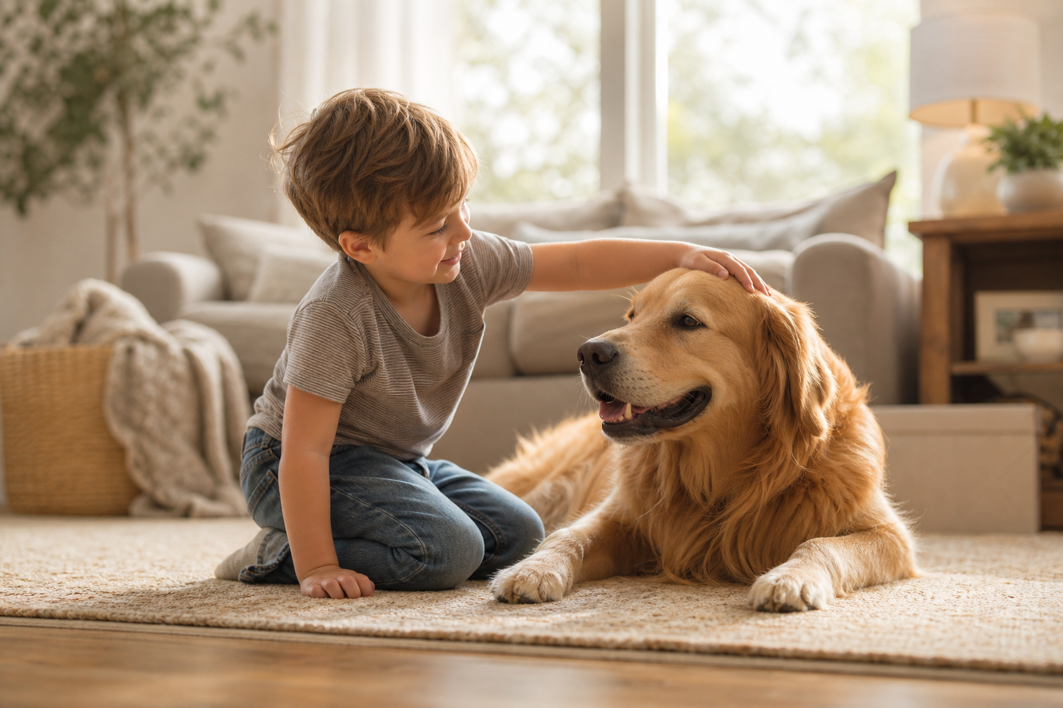 Young child gently petting a friendly dog at home \u2014 kids and pets