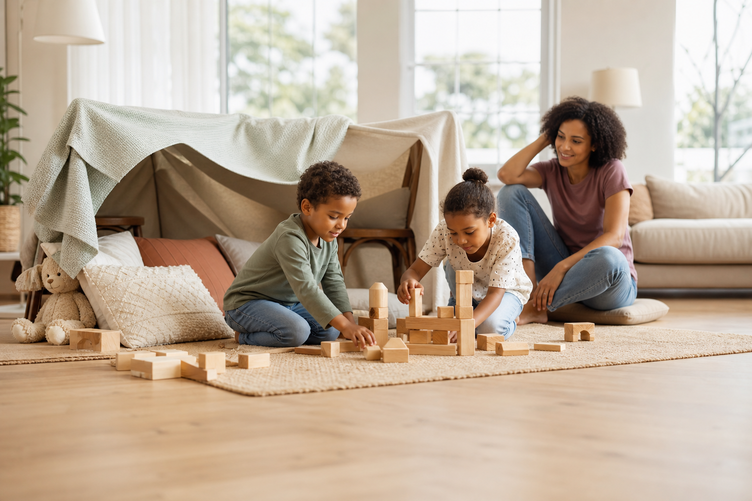 Children enjoying playtime with a pillow fort and blocks at home