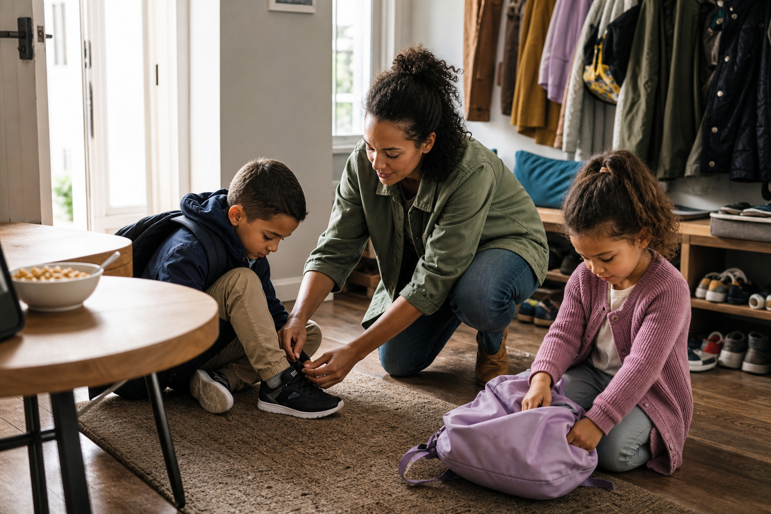 Positive parenting in a busy morning routine with children and backpacks