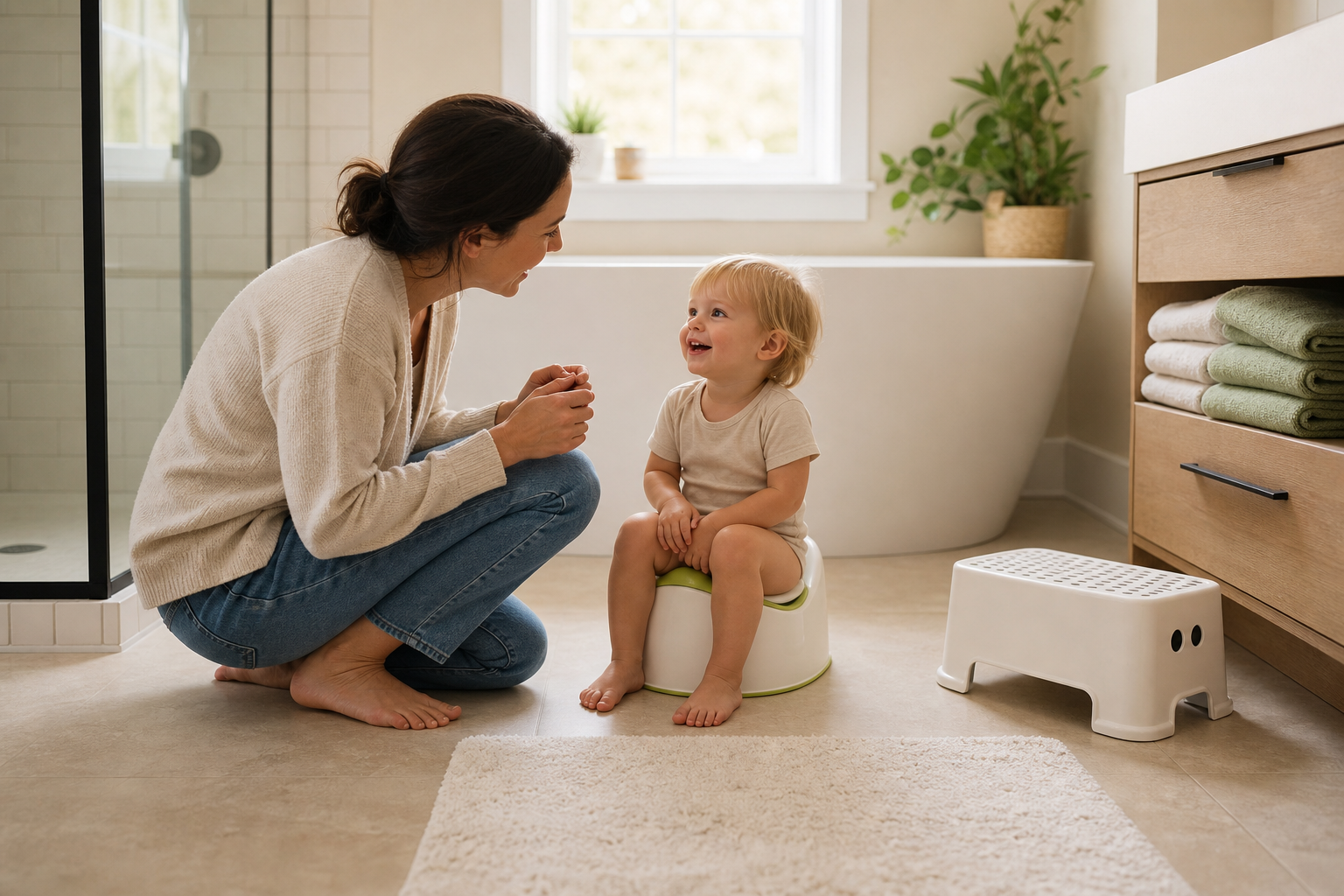 Parent helping a toddler with potty training in a bright bathroom