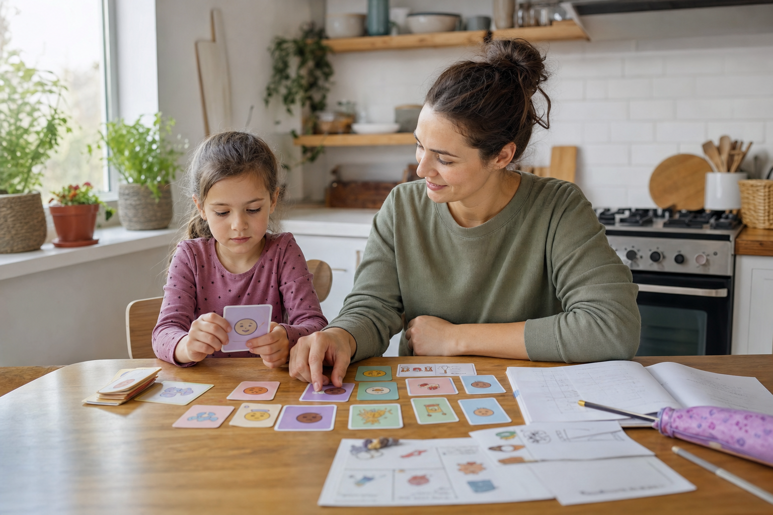 Special needs parenting support at a kitchen table with therapy cards and homework