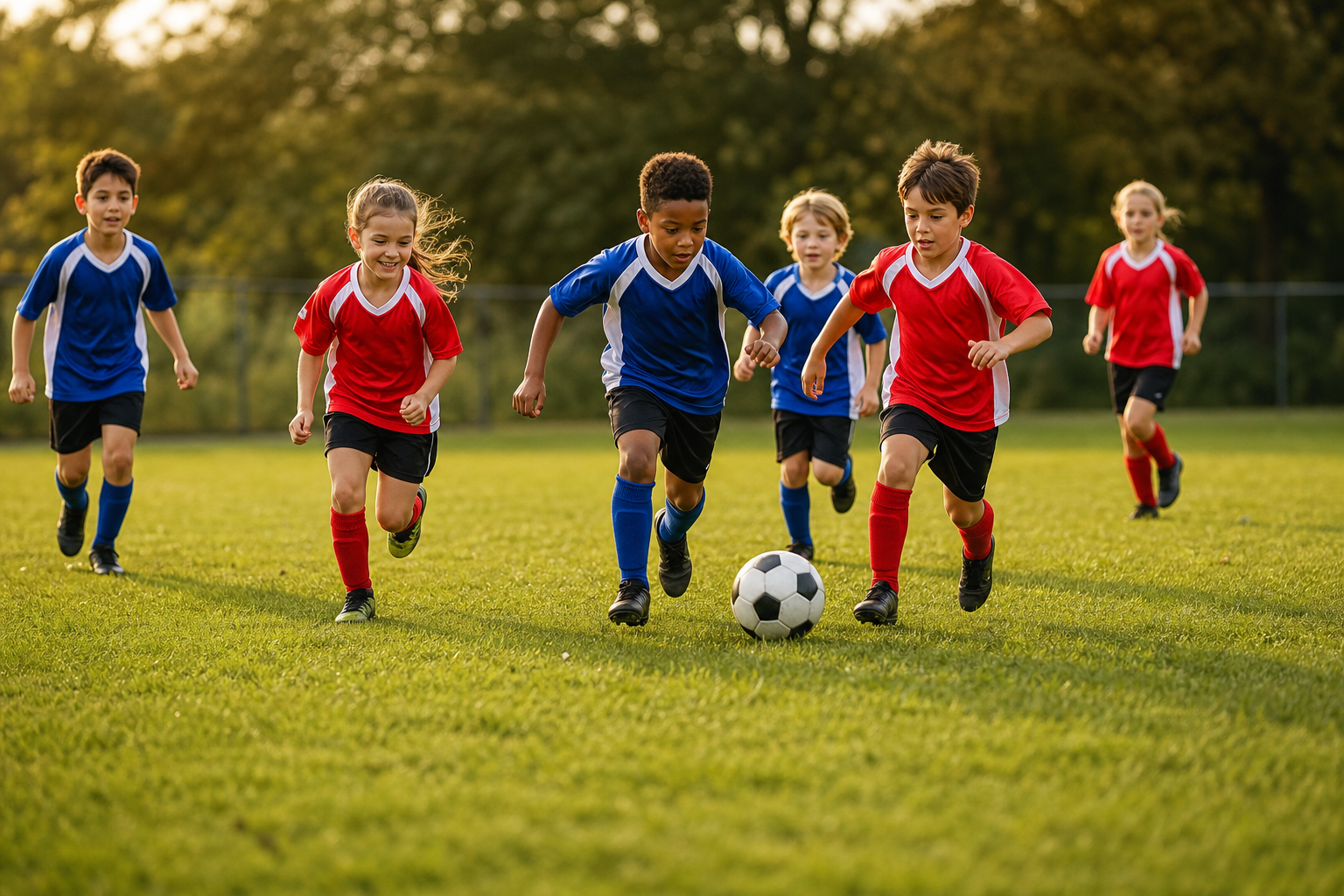 Kids playing a youth soccer game on a green field \u2014 youth sports