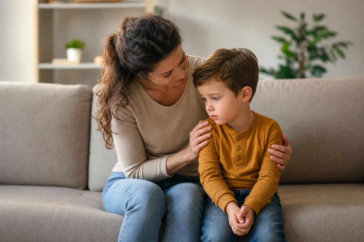 Parent comforting an anxious child at home \u2014 childhood stress and anxiety