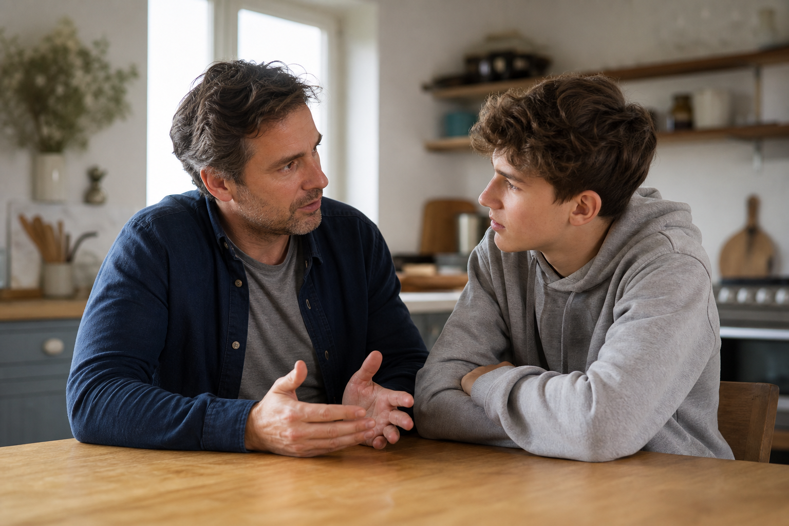 Parent having an open conversation with their teenager at the kitchen table \u2014 talking about substance abuse