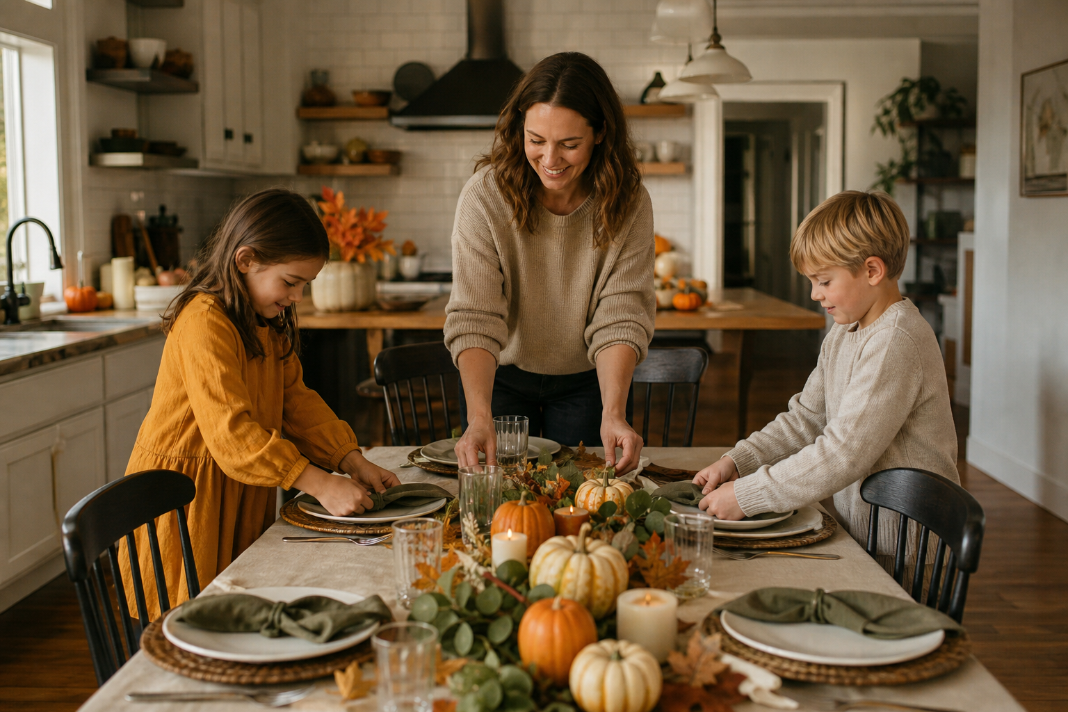 Thanksgiving ideas with children helping set a warm family table