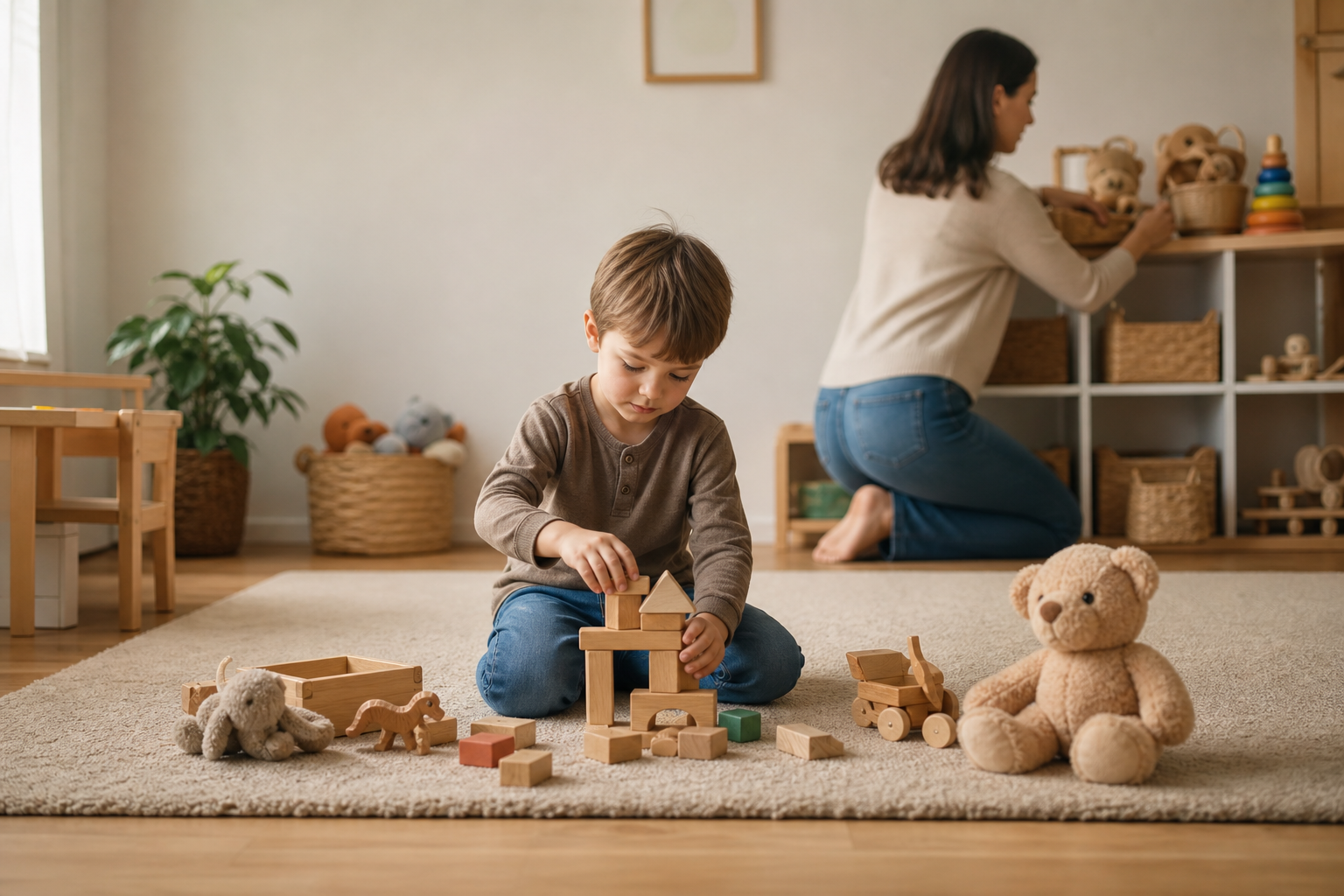 Child playing with toys on a cozy playroom rug