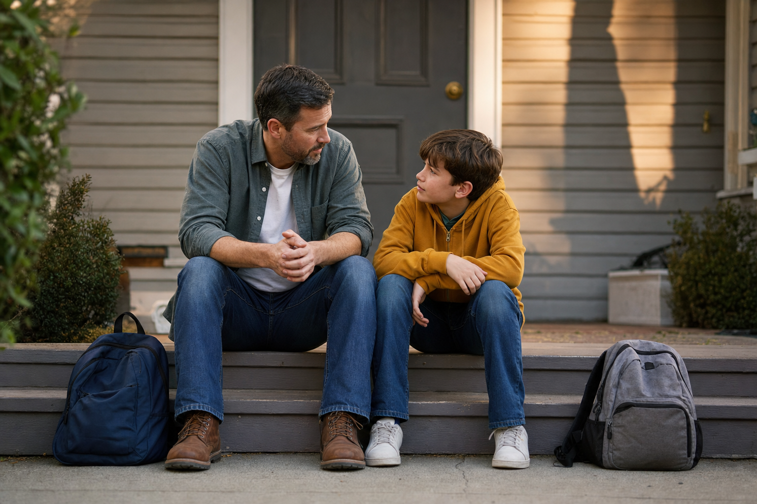 Parent talking with a tween after school on the front porch