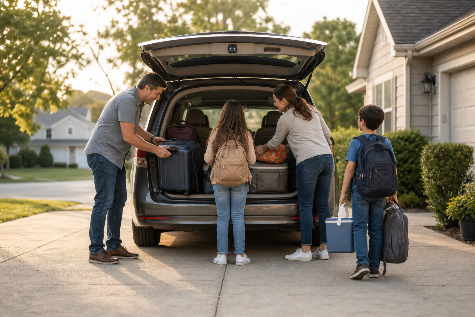 Family packing a minivan for a family vacation
