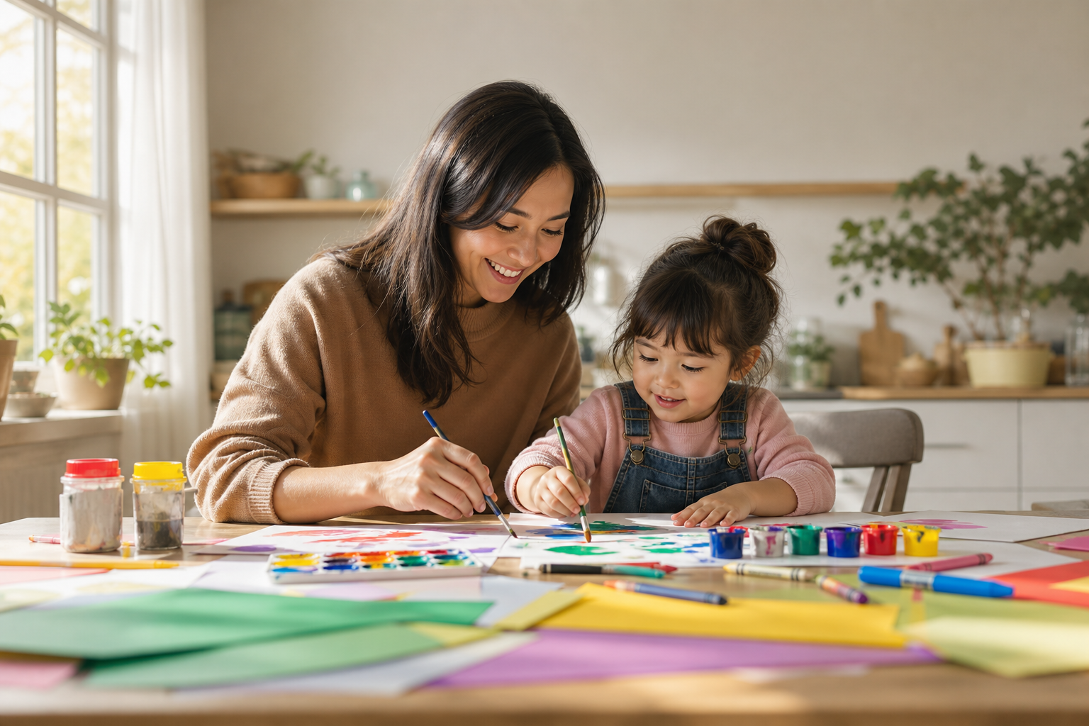 Parent and child making colorful crafts together at a kitchen table \u2014 arts, music and activities for kids.