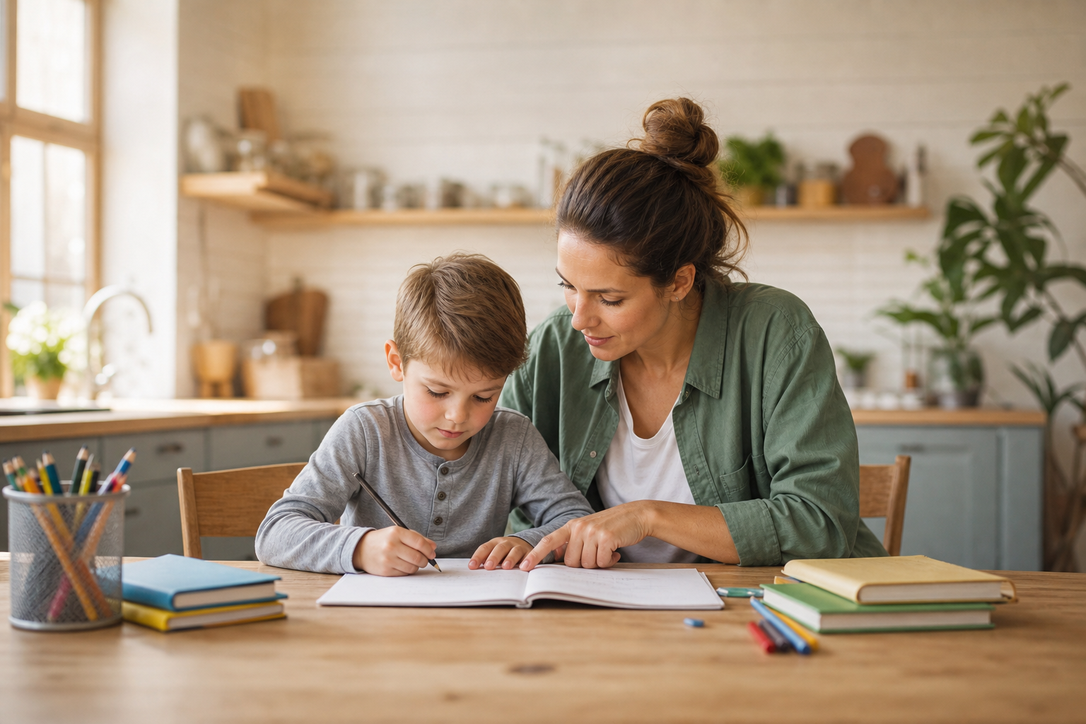 A parent and child learning together at home, homeschooling