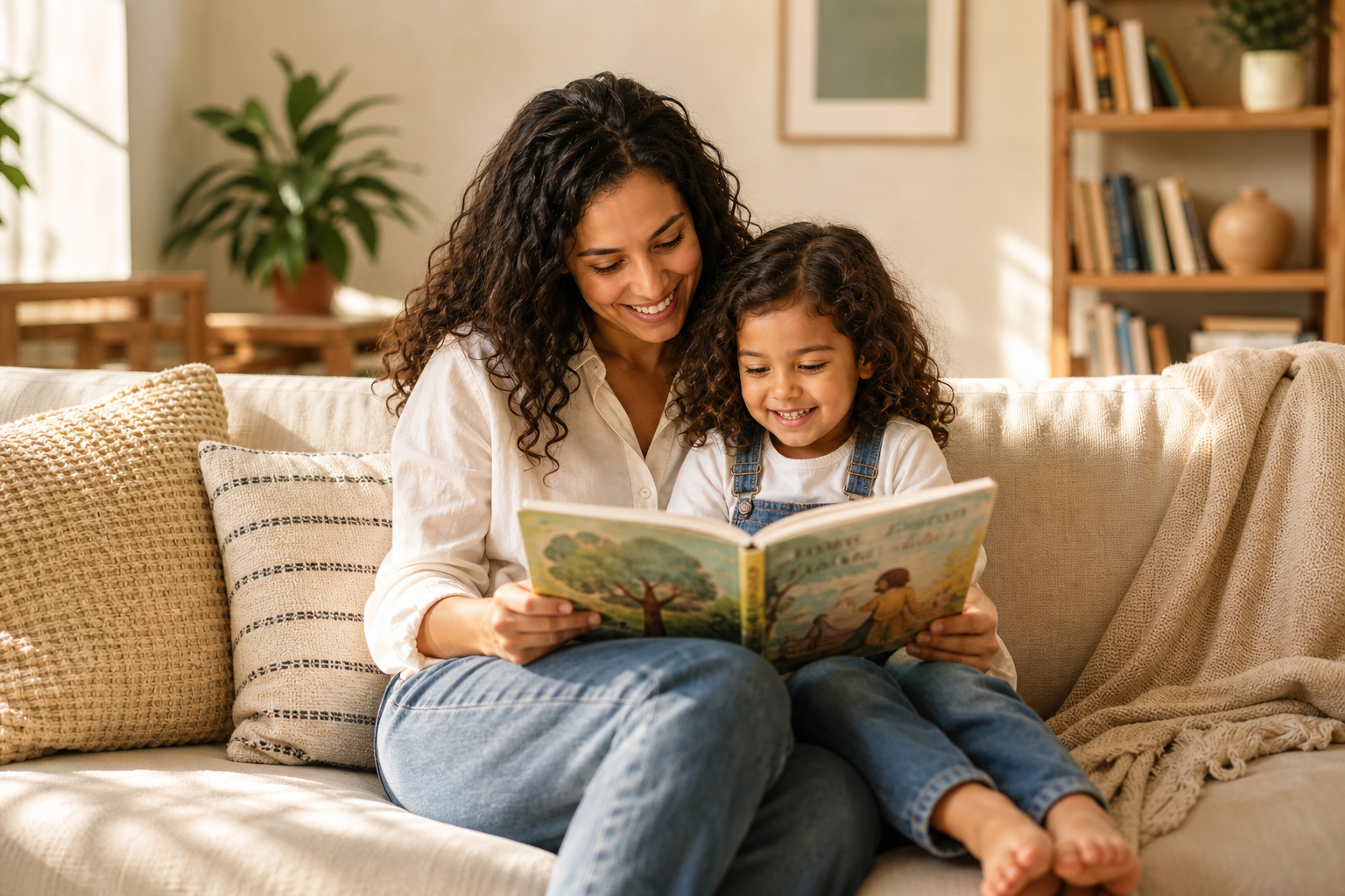 A parent and child reading a picture book together, building early reading and literacy