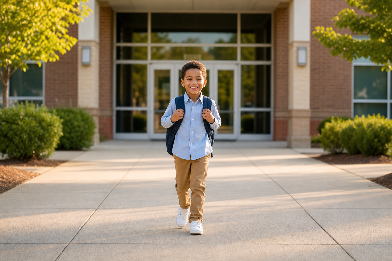 A young student heading into school with a backpack