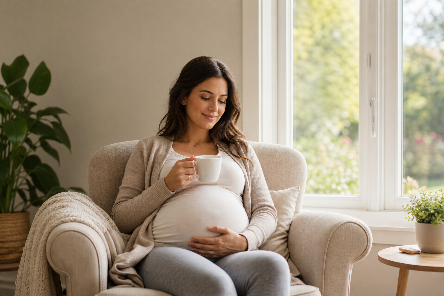 A pregnant woman resting comfortably by a window, representing pregnancy health and wellness