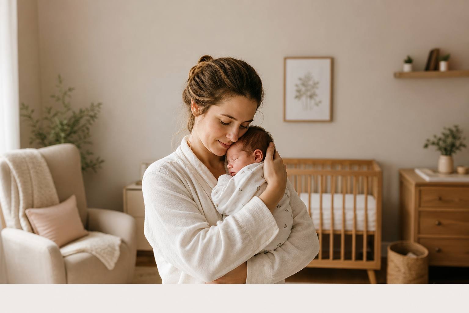 A new mother holding her newborn, representing the postpartum after-baby season