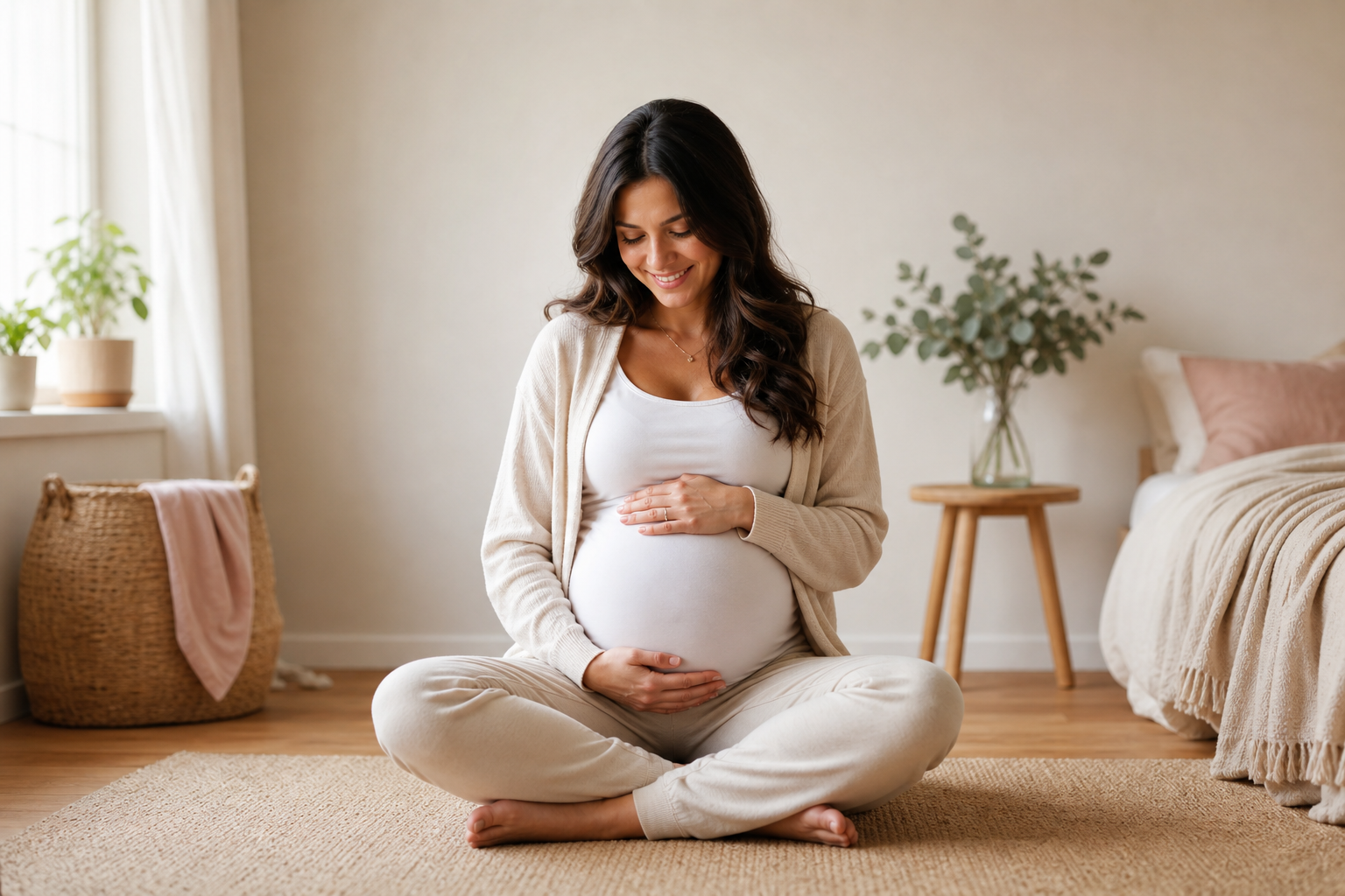 An expectant mother cradling her belly, representing the stages of pregnancy