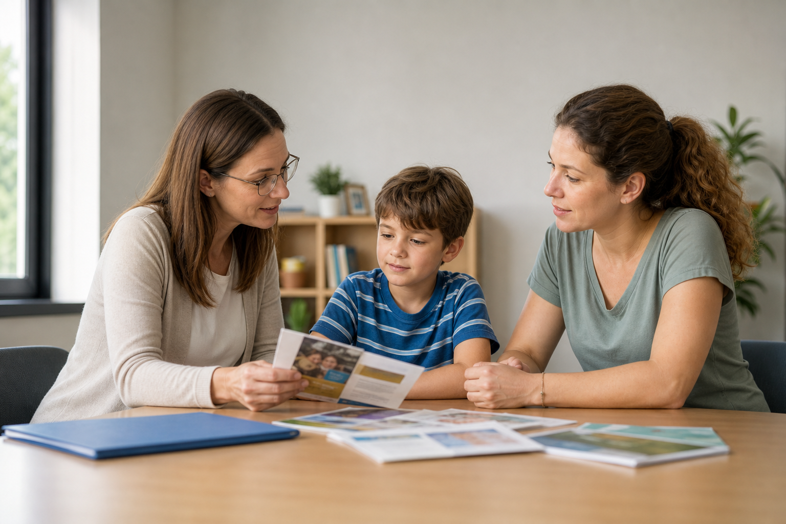 Parent reviewing child abuse awareness resources with a counselor
