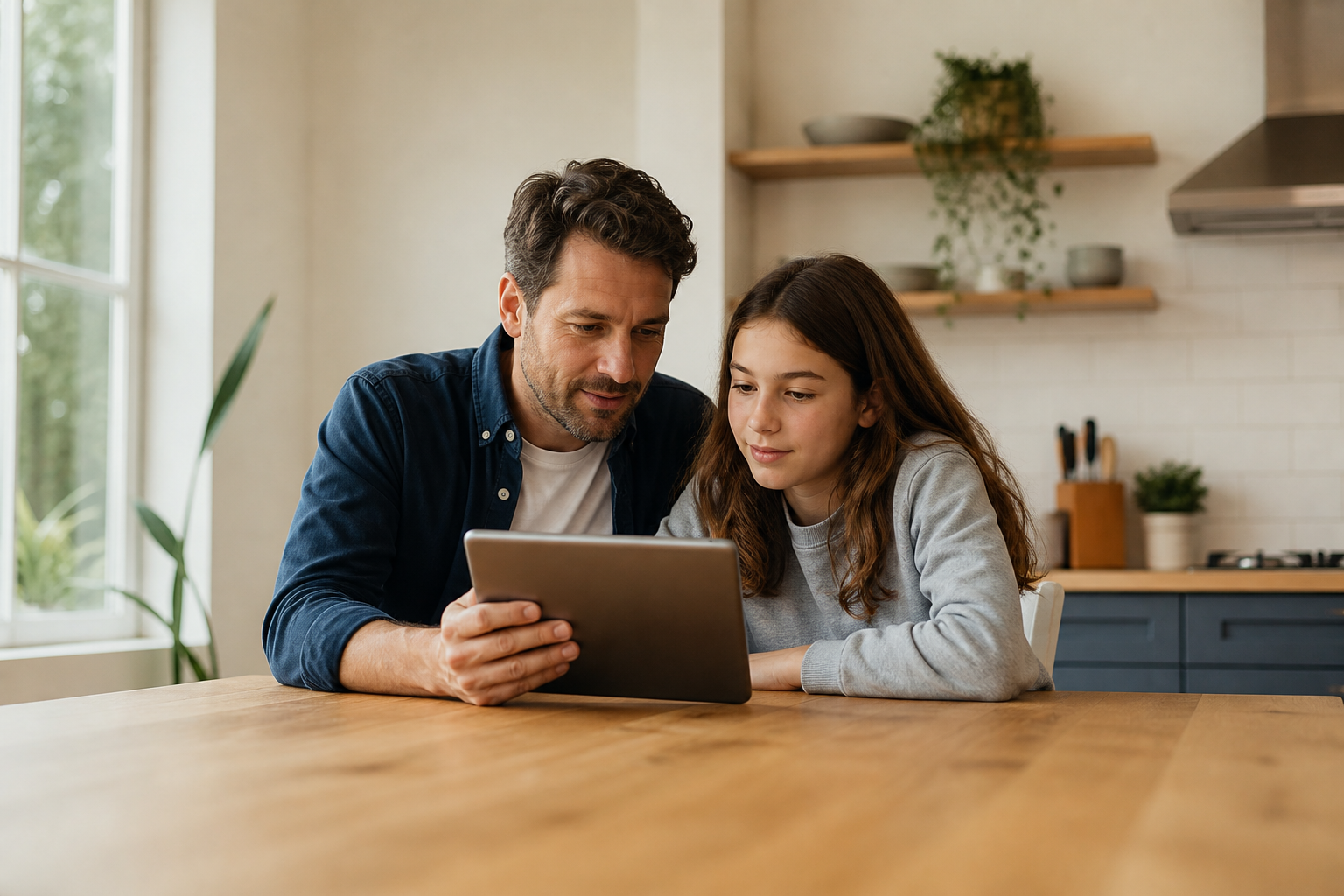 Parent and child practicing online safety with a tablet