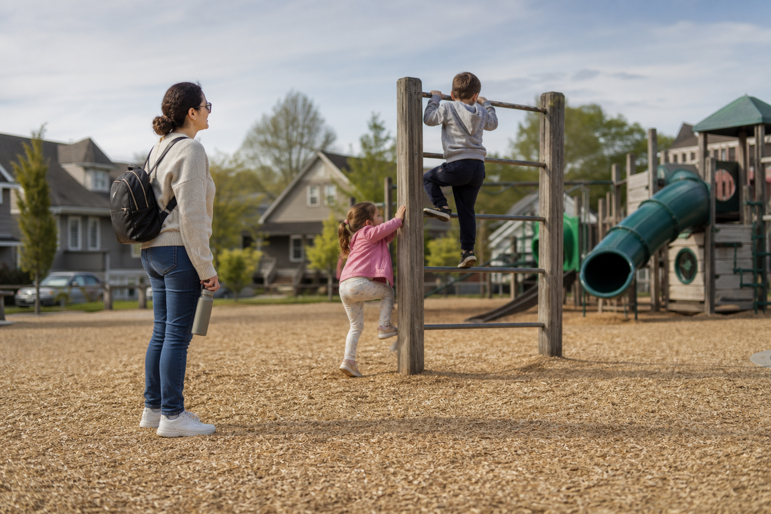 Parent watching kids for outdoor play safety at a playground