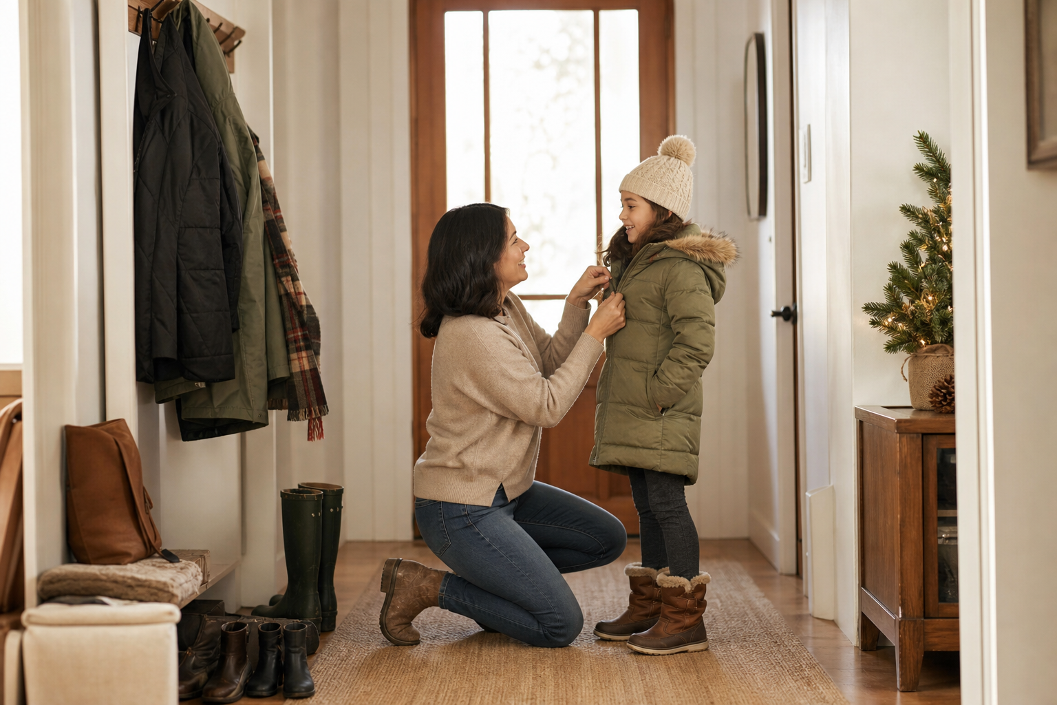 Parent preparing a child with seasonal safety in mind