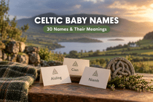 Celtic baby names arranged on warm cream name cards beside green rolling hills, a carved stone knot, and soft golden light
