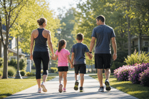 childhood obesity strategies - family walking together for exercise on sunny path