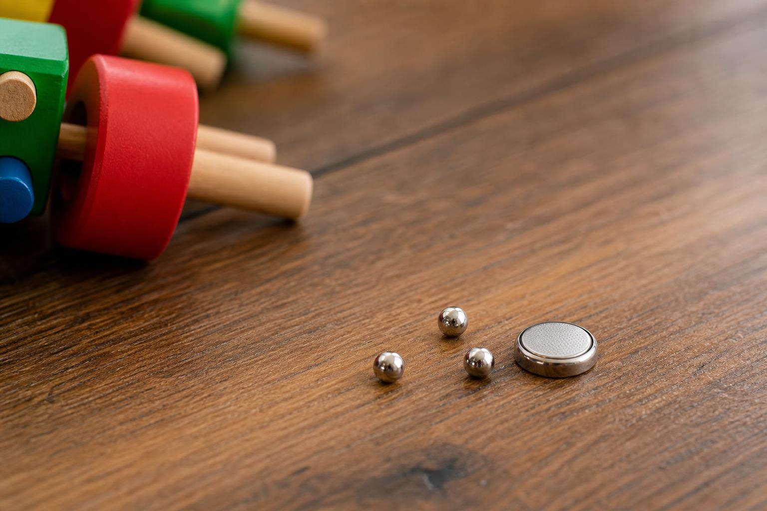 Child Product Recall Steps: A Simple, Calm Plan for Worried Parents 17 A few small high-powered magnets and a coin-shaped button battery on a table beside a child's toy, shown as a safety-awareness reminder