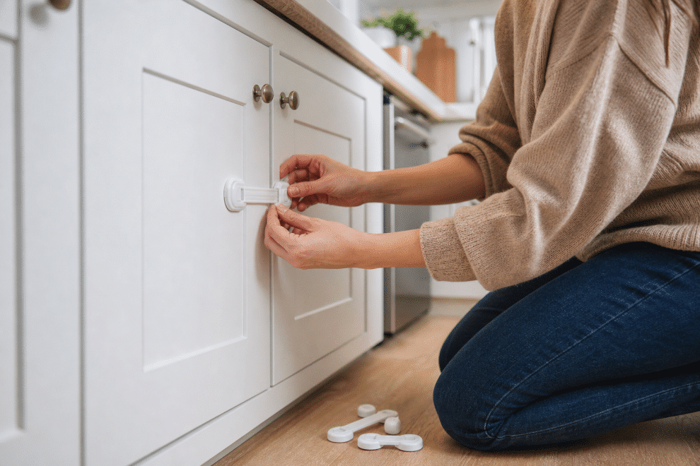 child safety checklist — parent installing cabinet safety locks in kitchen