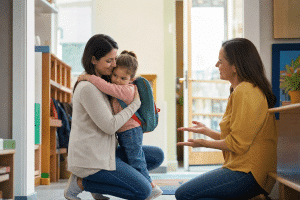 child separation anxiety toddler being comforted by parent at daycare drop-off