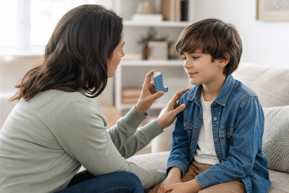 childhood asthma symptoms - parent teaching child how to use an inhaler at home