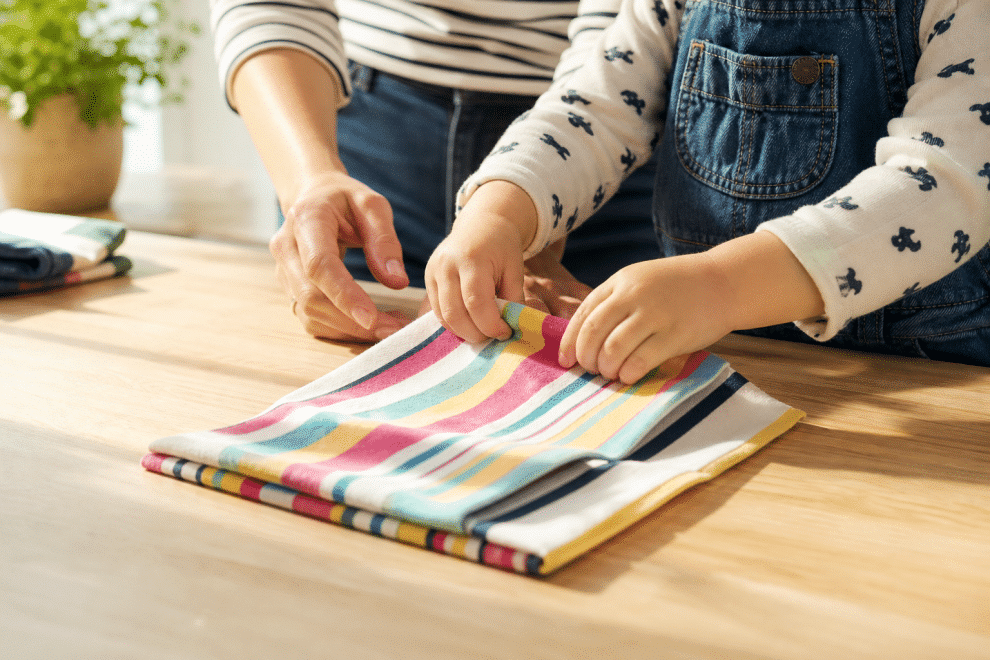 chores for kids - child folding laundry with parent guidance at kitchen table