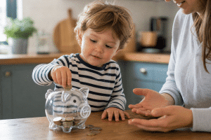 young child dropping coins into a clear piggy bank while parent helps
