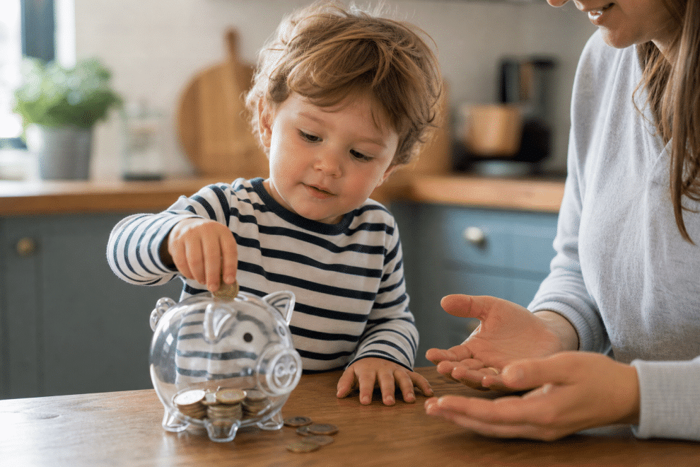 young child dropping coins into a clear piggy bank while parent helps