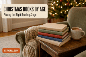 christmas books by age stacked beside a cozy armchair in a family living room