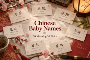 Chinese baby names arranged on warm cream name cards beside plum blossoms, red-and-gold paper accents, and soft lantern light