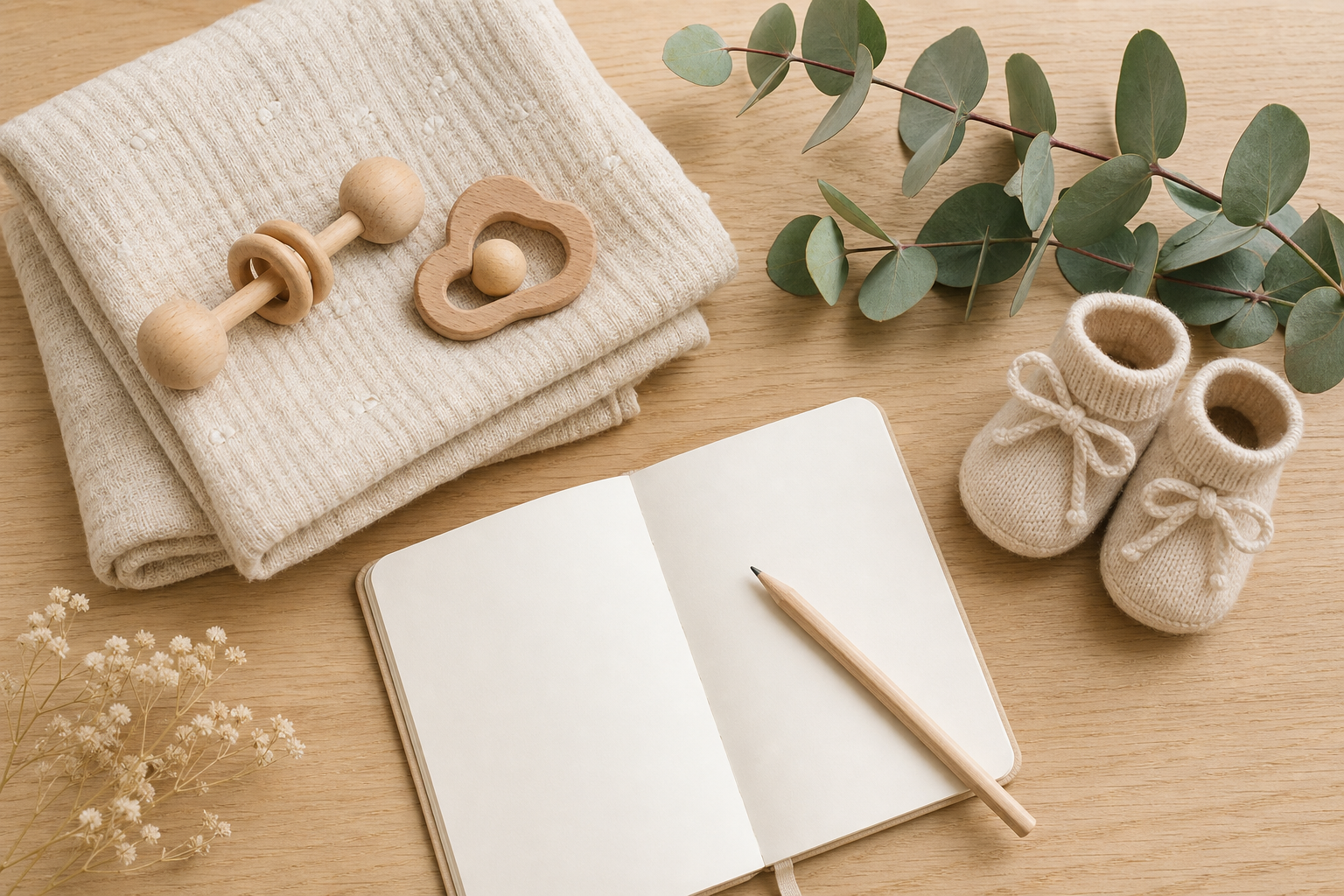 Gender-Neutral Baby Names: 60+ Unisex Picks for Any Baby 8 Choosing gender-neutral names — neutral baby items and an open notebook