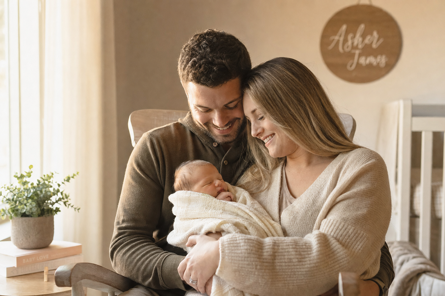 25,000 Baby Names with Meanings: A Simple, Joyful Way to Find the One 20 Parents cuddling their newborn in a rocking chair in a warm nursery, choosing a baby name together
