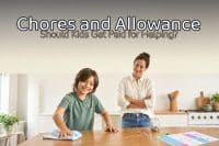 A grade-school child proudly wiping the kitchen table beside a small chore chart and coins, illustrating chores and allowance, with a legible baked-in headline