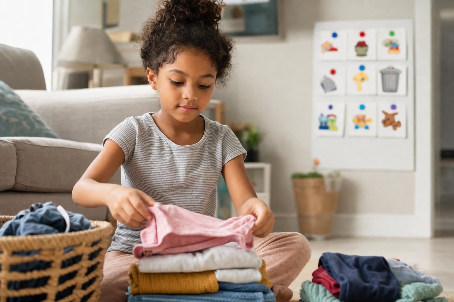 Age Appropriate Chores for Kids: A Simple, Calm Guide by Age 16 A grade-school child concentrating while folding laundry at home with a simple chore chart nearby, calm and capable, soft daylight