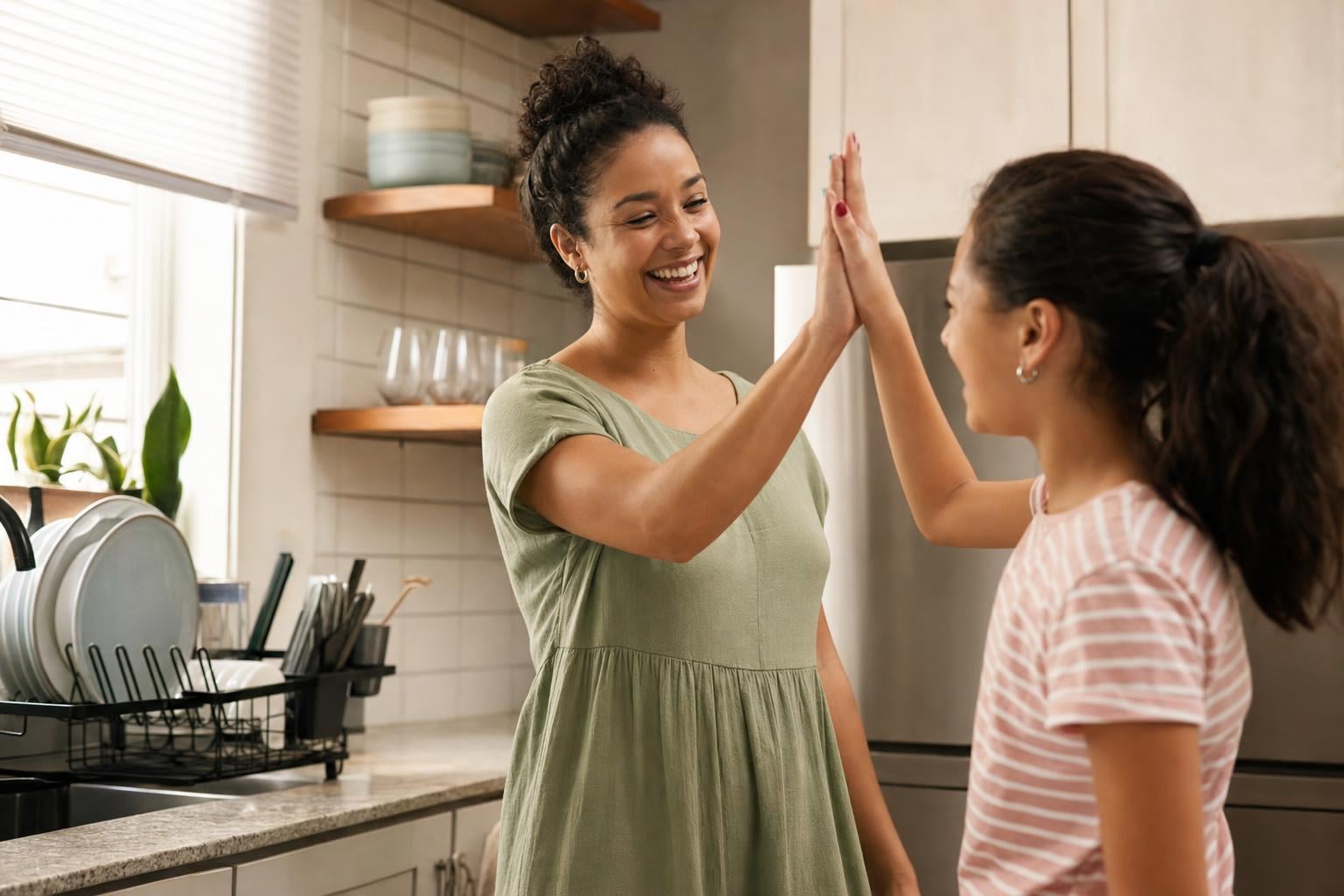 Age Appropriate Chores for Kids: A Simple, Calm Guide by Age 17 A parent and tween high-fiving in the kitchen after finishing chores together, warm and encouraging family moment, natural light