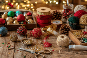 christmas crafts for kids — festive holiday craft supplies arranged on a wooden table