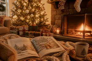 christmas traditions for families cozy decorated living room with tree gifts and holiday books