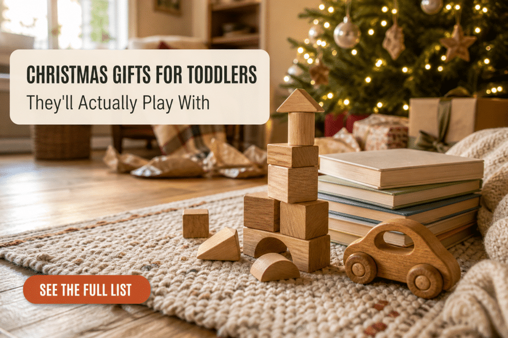 Christmas gifts for toddlers: wooden building blocks and board books by the tree